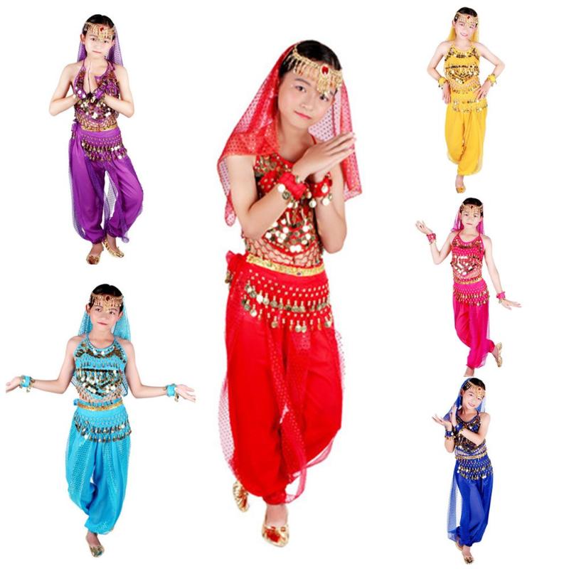 

Stage Wear Children Belly Dance Costume Set Girls Ballroom Dress Indain Gold Coin Belt Silk Veil Bellydance Kid Bollywood Accessories, Red 2pcs