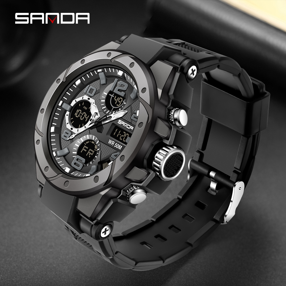 

SANAD Top Brand Luxury Mens Watches Sports Wristwatch 5ATM Waterproof Quartz Watch Men S Shock Clock Man relogio masculino 6008g, Black