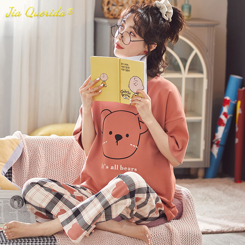 

2021Spring Summer Home Clothing -5XL Big Size Ladiess Pajamas Green Patchwork Sleeves Cartoon Printing Plus Size Womens Sleepwear, Black;red