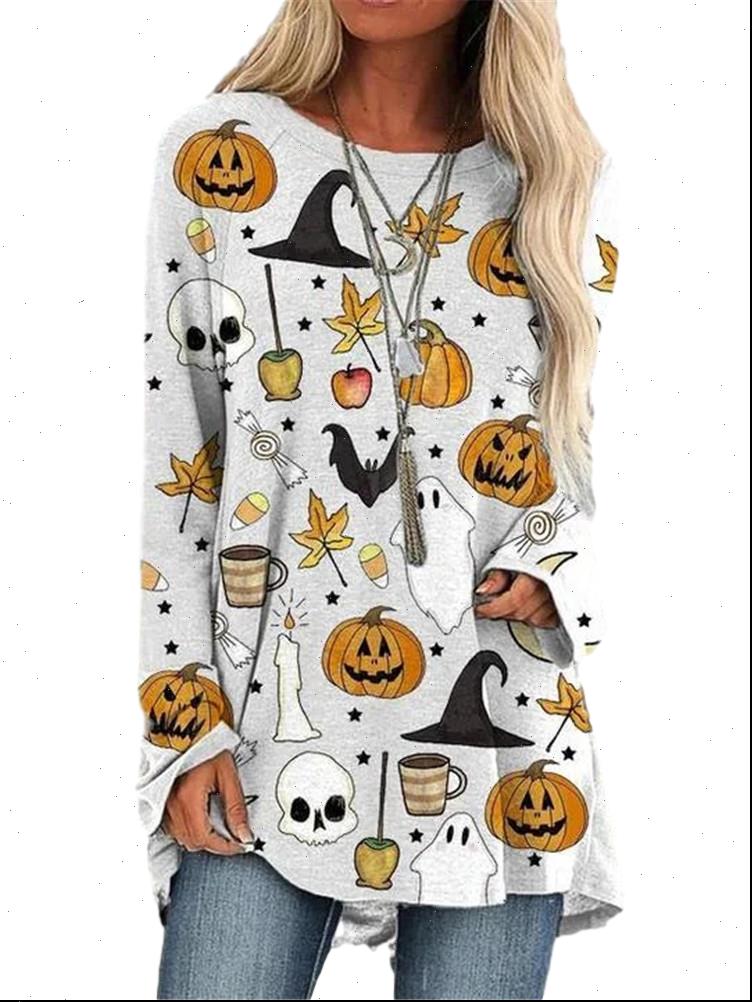 

halloween pumpkin print tshirts women long sleeve casual o neck tee shirt femme harajuku t clothing y1242a, White