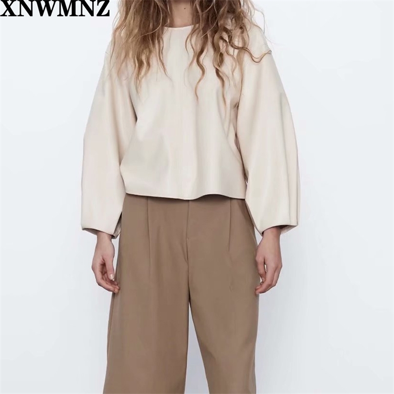 

Women Fashion PU Faux Leather Loose Blouses Vintage Long Pleated Sleeve Back Zipper Female Shirts Blusas Chic Tops 210520, Beige
