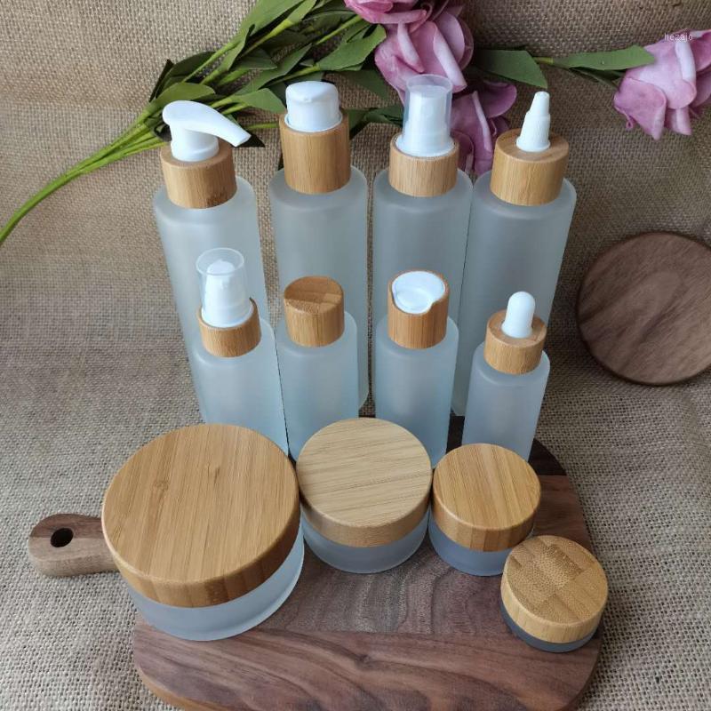 

Storage Bottles & Jars Wholesale Matte Glass Lotion Pump Bottle Natural Wood Bamboo Cover Beauty Skin Care Product Spray Liquid Packaging Co