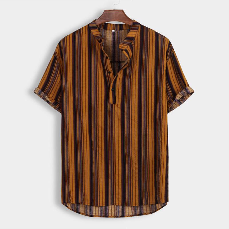 

Men's Shirt Stand Collar Summer Stripe Print Short Sleeve Male Blouse Top Style Comfortable Cotton And Linen 2021 Casual Shirts, Yellow