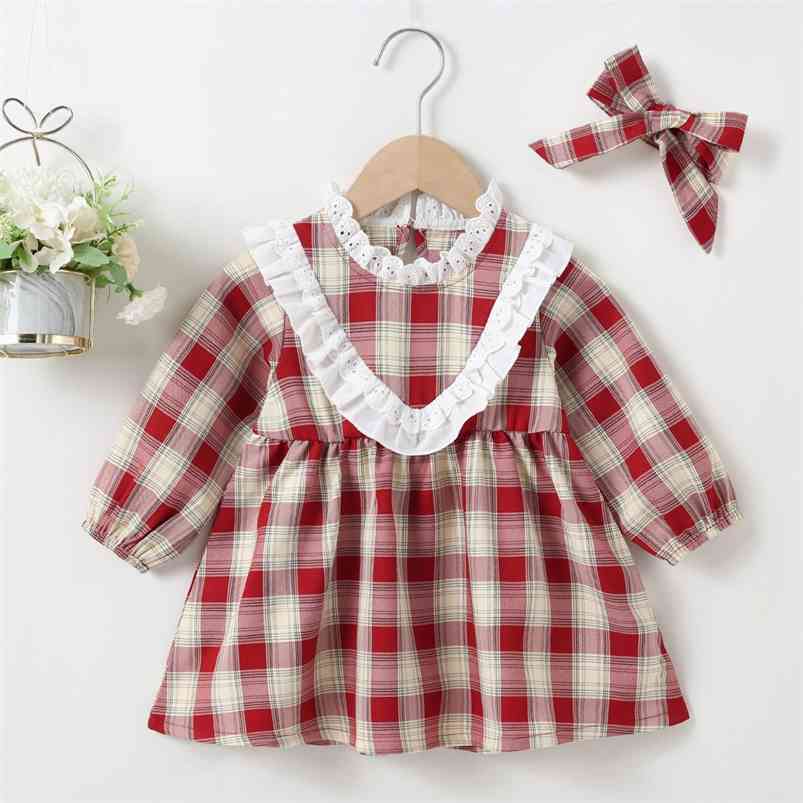 

Winter Girls Dress Cute Long Sleeve Lace Red Plaid Headband Vestidos 0-2T 210629