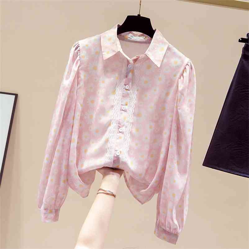 

Autumn Elegant Women' Turn Down Collar Lace Flower Long Sleeves Shirts Female Ladies Shirt Blouse Tops A4060 210519, Pink