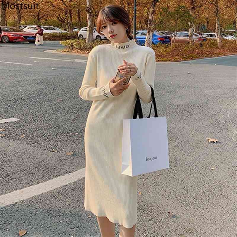 

Autumn Winter Women Long Knitted Dress Loose Letters Sleeve Half Turtleneck Fashion Dresses Korean Ropa Mujer 210518, Beige