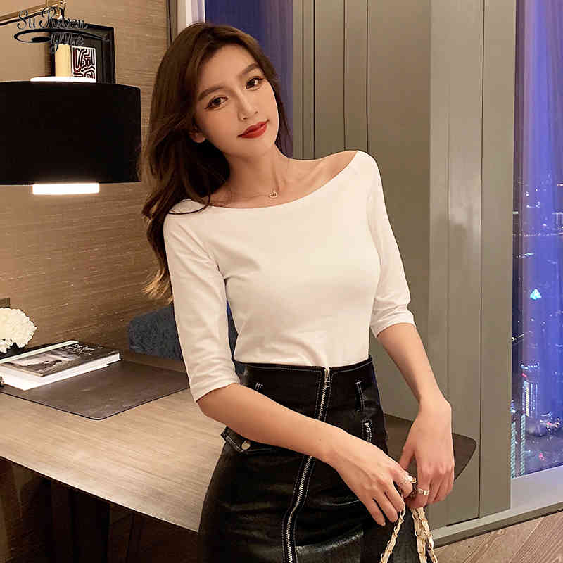 

Slash Neck Women T-shirt Cotton Half Sleeve Harajuku Slim Casual T Shirt Female Elastic Plain Tshirts Woman White Tee Tops 13450 210521, Burgundy