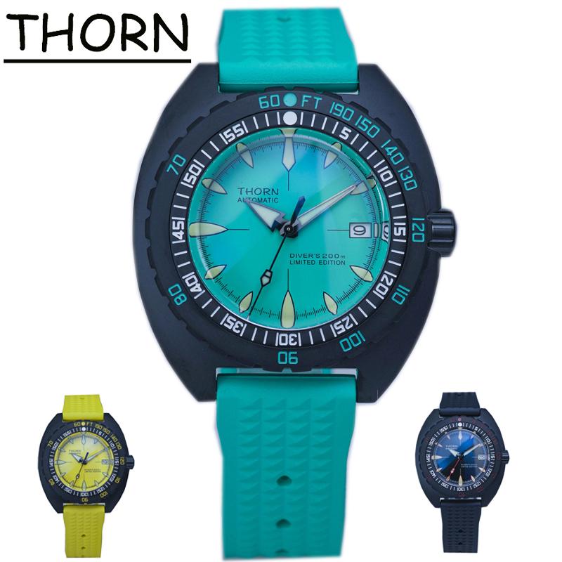 

Wristwatches Thorn Watch Sub 300T Diver NH35 Automatic Mechanical 44mm Sapphire Calendar Rubber Strap C3 Luminous 200M Waterproof, Orange dial