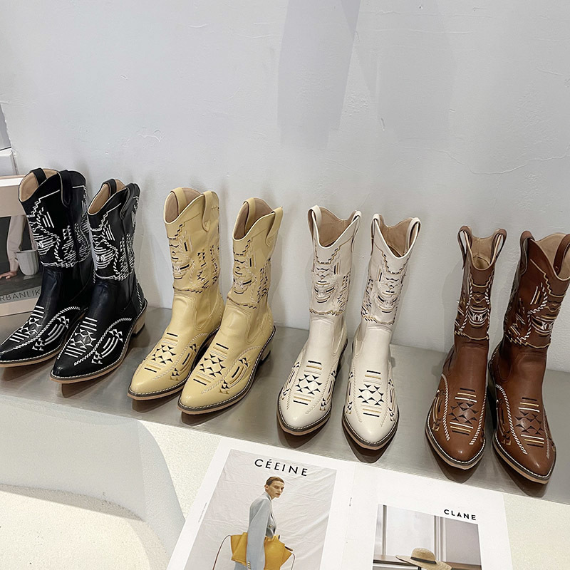 

boots mixed colors geometric pattern western cowboy women pointed toe med heel mid-calf riding shoes mpbn, Black