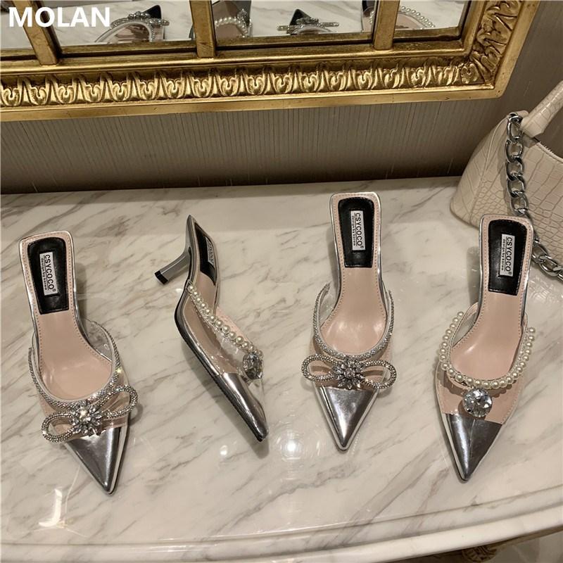 

Dress Shoes MOLAN Brand Designer 2021 Luxury Bling Crystal String Bead Pointed High Heels Woman Pumps Socofy Ladies Sandals Footwear Mules, Black