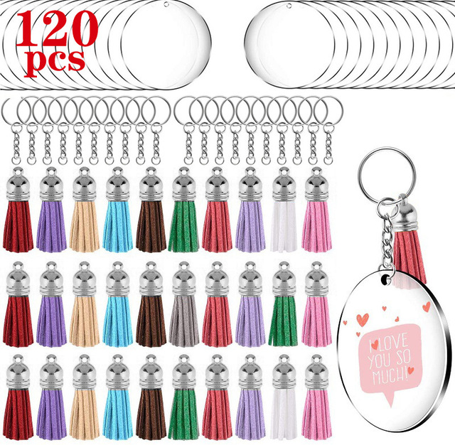 

Kimter DIY Acrylic Keychain Blank Transparent Circle Discs Tassel Pendant Keyring Couple Bag Ornament 120Pcs Craft Supplies W38F