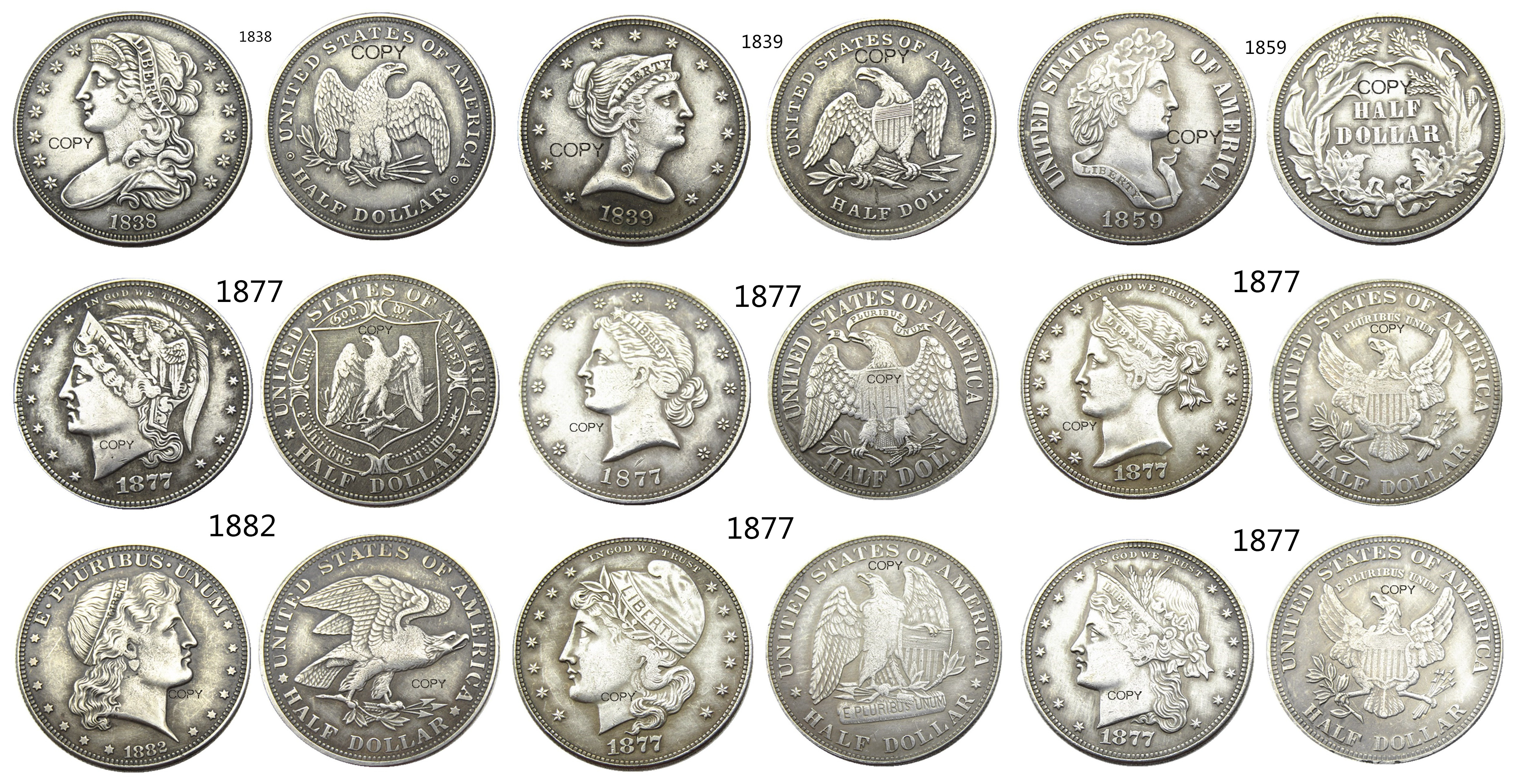 

USA A Set Of(1838-1882) 9pcs Different Head Half Dollar Patterns Craft Silver Plated Copy Coin Ornaments replica coins home decoration accessories