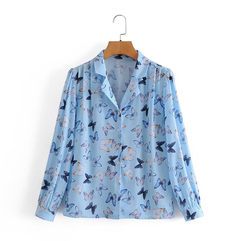

Women's Blouses & Shirts ZXQJ Women 2021 Fashion Butterfly Printed Loose Vintage Lapel Collar Long Sleeve Female Blusas Chic Tops, Blue