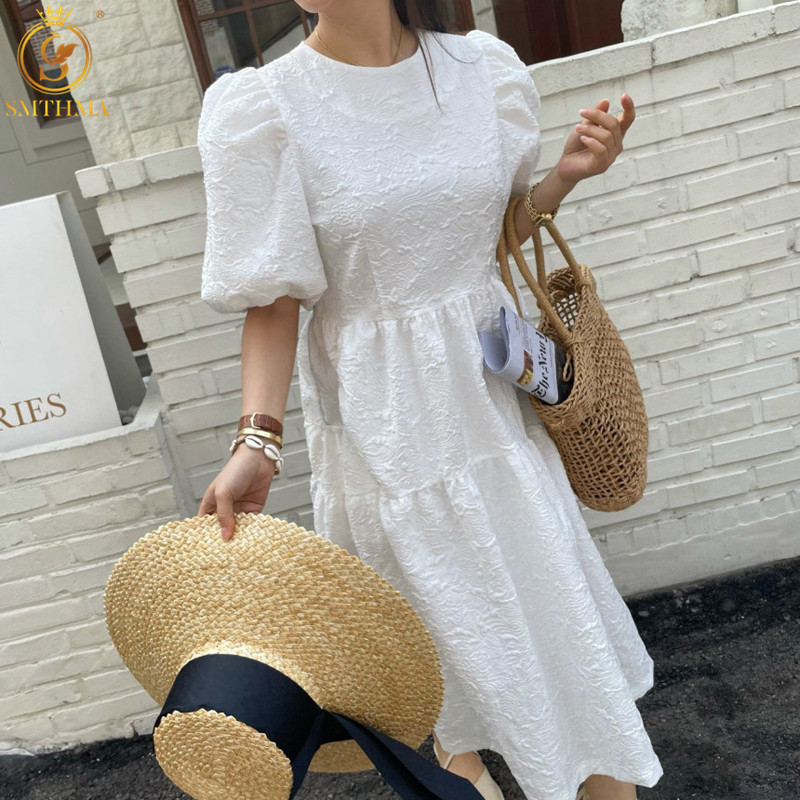 

Fashion Women Jacquard Solid Summer Dress Ladies Korean Style Puff Sleeve Party Dresses Vestidos 210520, Picture color