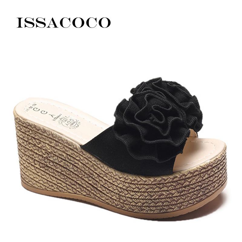 

Women Summer Mid Heel Flower Slippers Non-slip Breathable Indoor Wedge Soles Flat Zapatillas, Black