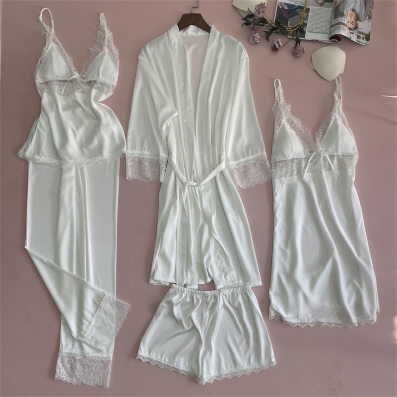 Women&#039;s Sleepwear White 5PCS Sleep Set Pajamas Lady Lace Satin Pyjamas Kimono Bath Gown Loose Home Cloting V-Neck Casual Nightwear-image-701997876