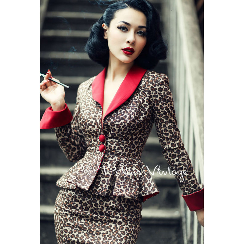 

Women's Two Piece Pants Le palais vintage elegant retro sexy leopard contrast waist color pencil jacket skirt suits/tight landscaping sets, Brown