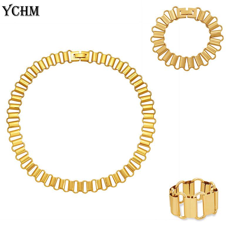 

Earrings & Necklace Stainless Steel Bracelet Ring Set Women 18 K Gold Plated Jewelry Fashion Hip Hop Chunky Hollow Chain, Silver