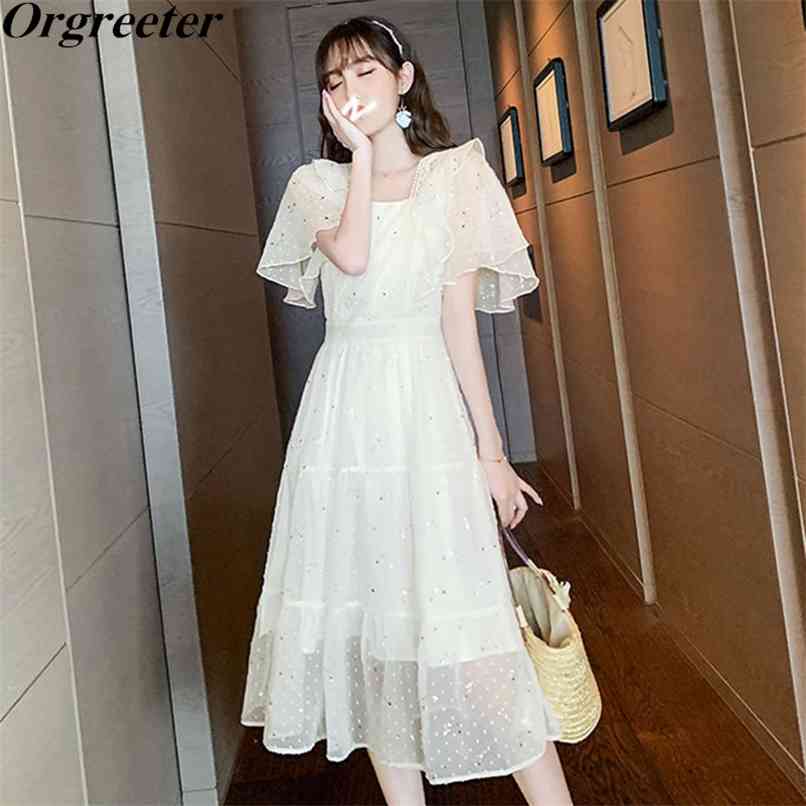 

Summer Women Fashion Fairy Chiffon Dress Robe Femme Sequined Lace Ruffes Elegant party Sweet Cute Chic Lady 210602, Beige