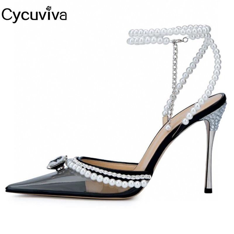 

Sandals Luxury Jewels Summer Women Pink Pvc High Heels Wedding Shoes Ladies Ankle Strap Pearl Stilettos Designer Sandalias Mujer, Black