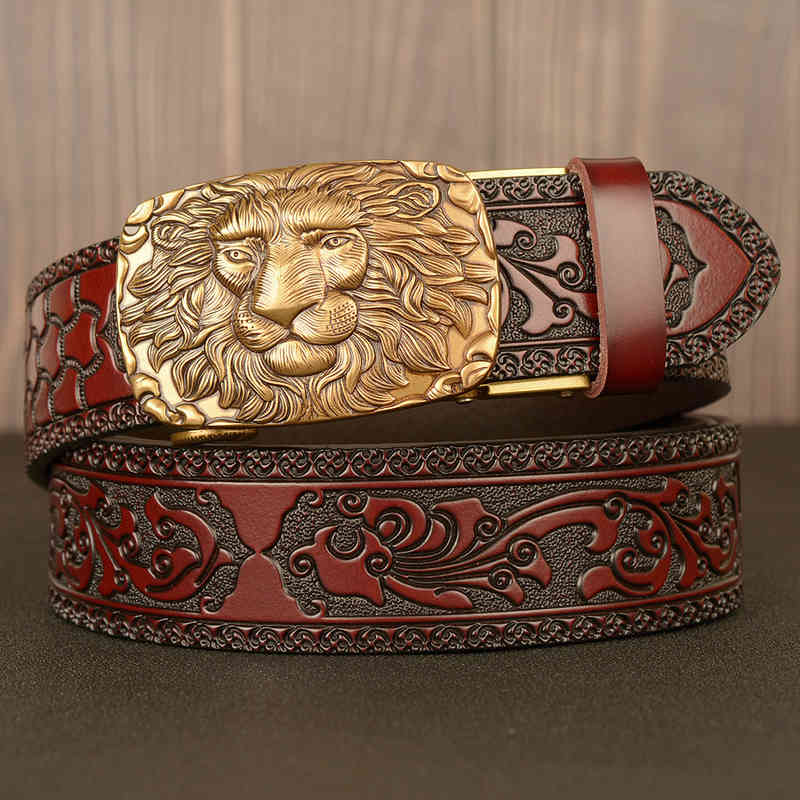 Belts Domineering Male Lion Head Automatic Buckle Men's Real Leather Leisure Tang Grass Pattern Carved Trouser Fashion