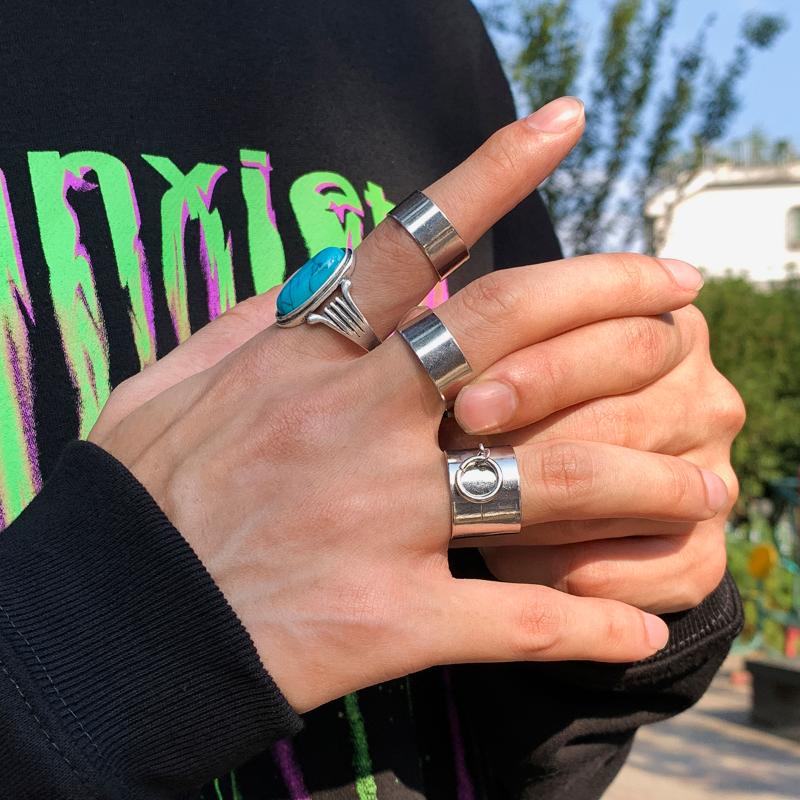 

Cluster Rings SHIXIN Vintage Turquoise Set For Men Trendy Stackable Knuckle Open Ring Finger Jewelry 2021 Ancient Silver Color Gift, Golden;silver