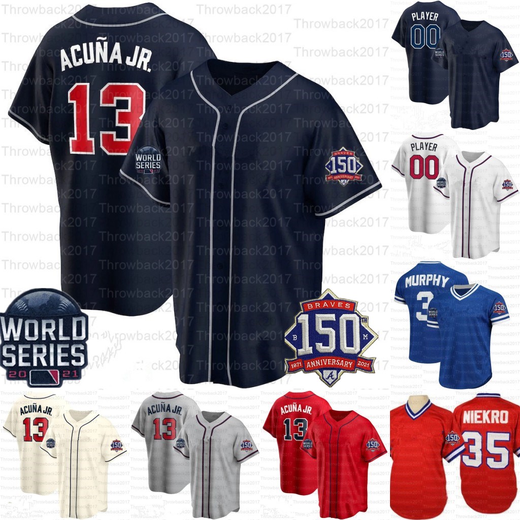 

2021 WS baseball Jerseys Ronald 13 Acuña Jr. 15 Sean Newcomb 44 Hank Aaron 27 Riley 40 Soroka 2- BJ Upton 11- Ender Inciarte 150 patch, Women/red