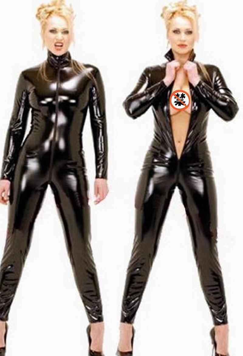 

wetlook black catwomen womens jumpsuit skinny pvc spandex latex catsuit costumes for women body suits fetish leather clothe plus, Black;white