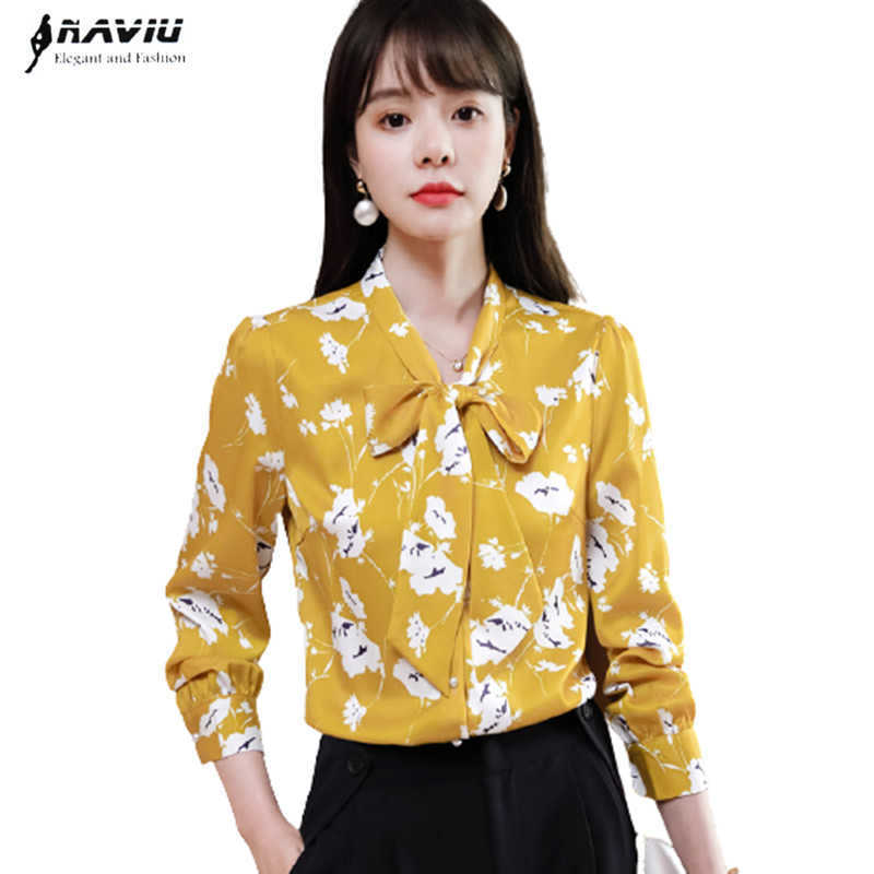 

High End Chiffon Floral Shirt Women Spring Long Sleeve Bow Elegant Temperament Printed Blouses Office Ladies Casual Work Top 210604, Yellow