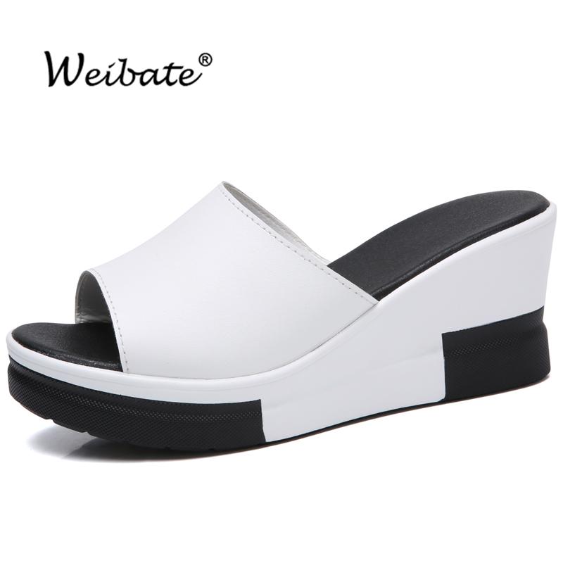 

Slippers WEIBATE Summer Fashion Women's Shoes Wedges Increased .5 Cm Non-slip Leather Sponge Cake Thick-soled, Black