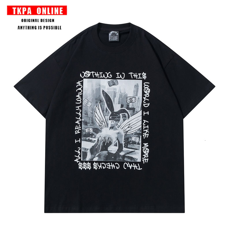 

t shirt tkpa high street print loose short sleeve men's and women's hip hop trendy round neck couple, White;black