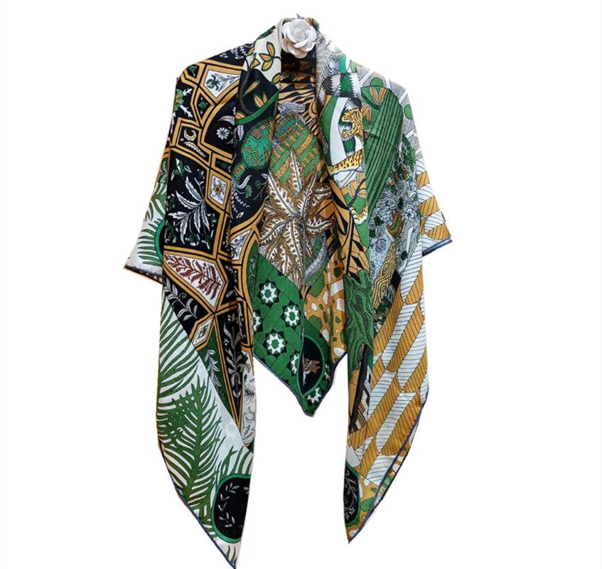 

Scarves High-end Elegant Women's Fashion Green And Brown Lady Knight Dance Printed Soft Silk Cashmere Large Square Shawl