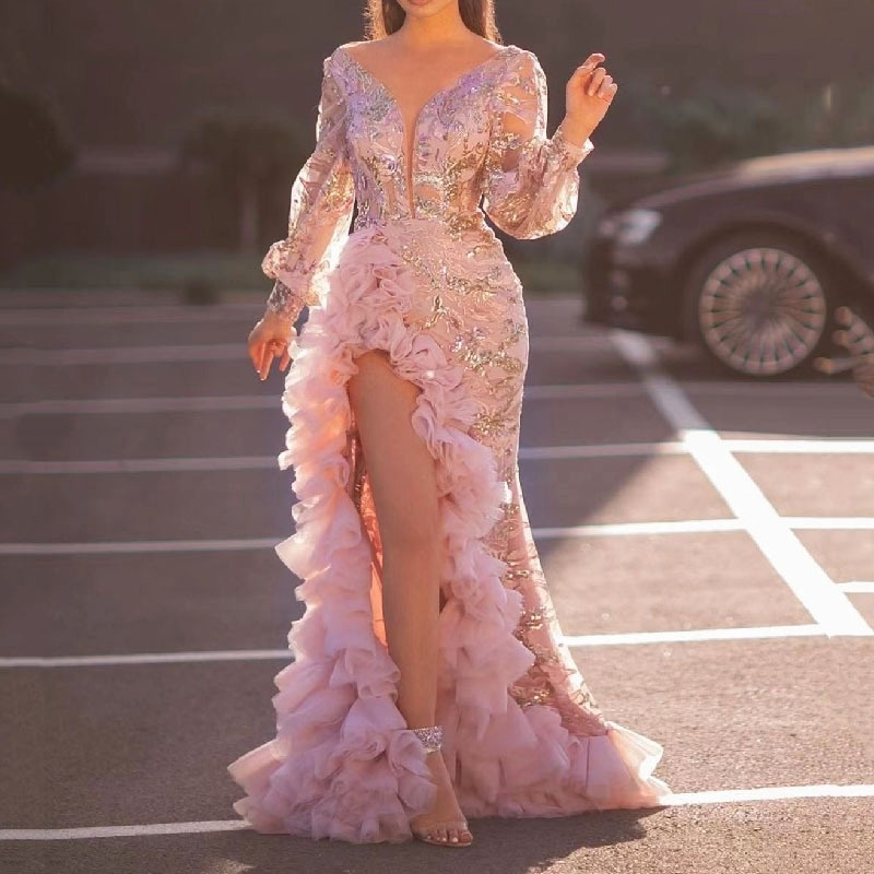 

2021 Pink Evening Dresses Wear Sheath Long Sleeves Illusion Crystal Beading High Side Split Floor Length Party Dress Prom Gowns Open Back Robes De Soirée
