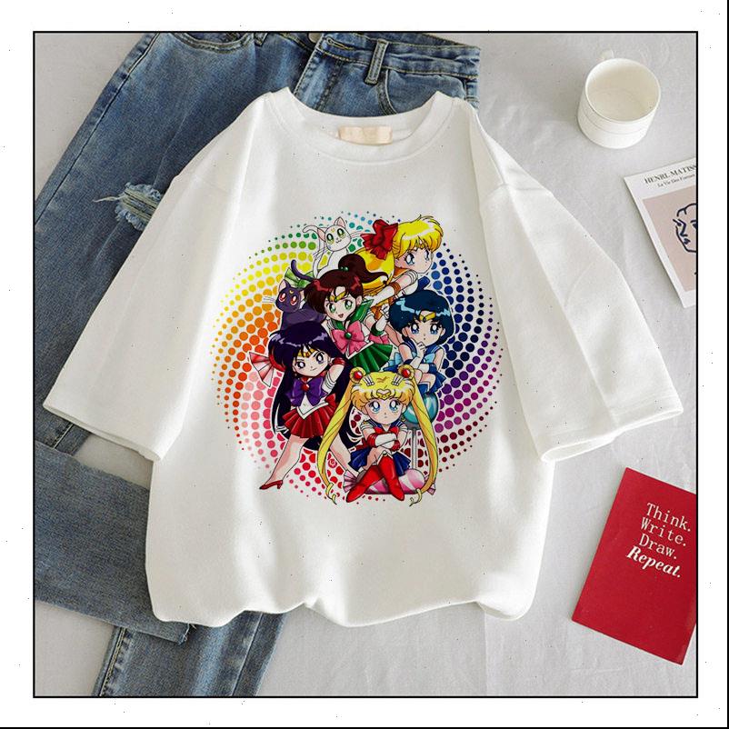 

harajuku sailor moon print womens t shirts short sleeve tees fashion casual streetwear ladies gothic tshirts, White