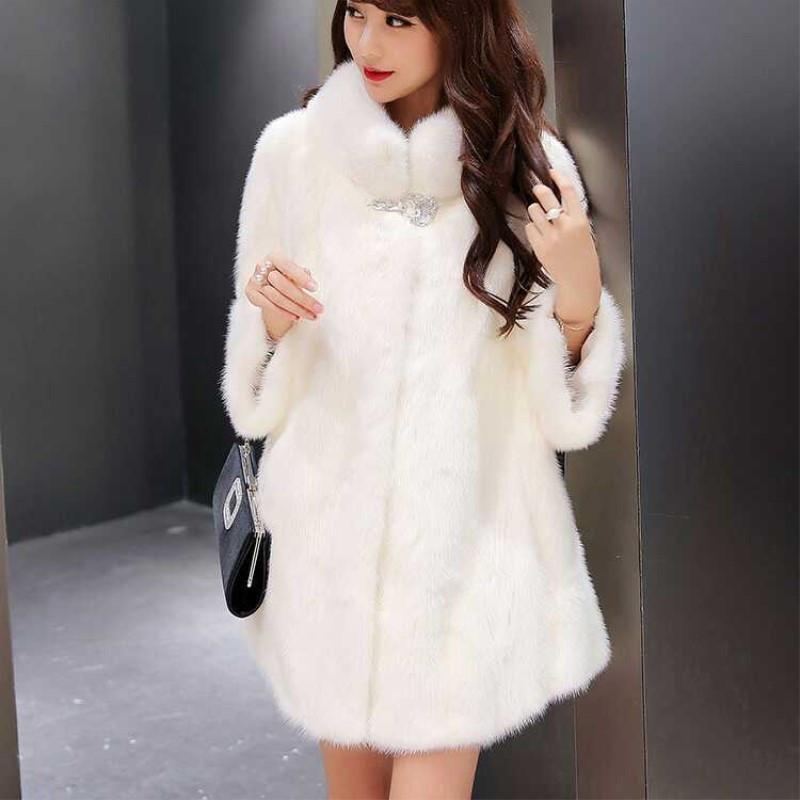 

Women's Fur & Faux Autumn Winter Jacket Elegant Mid-Length Plush Coats Stand Collar Mink Coat Abrigos Mujer Invierno 2021, White