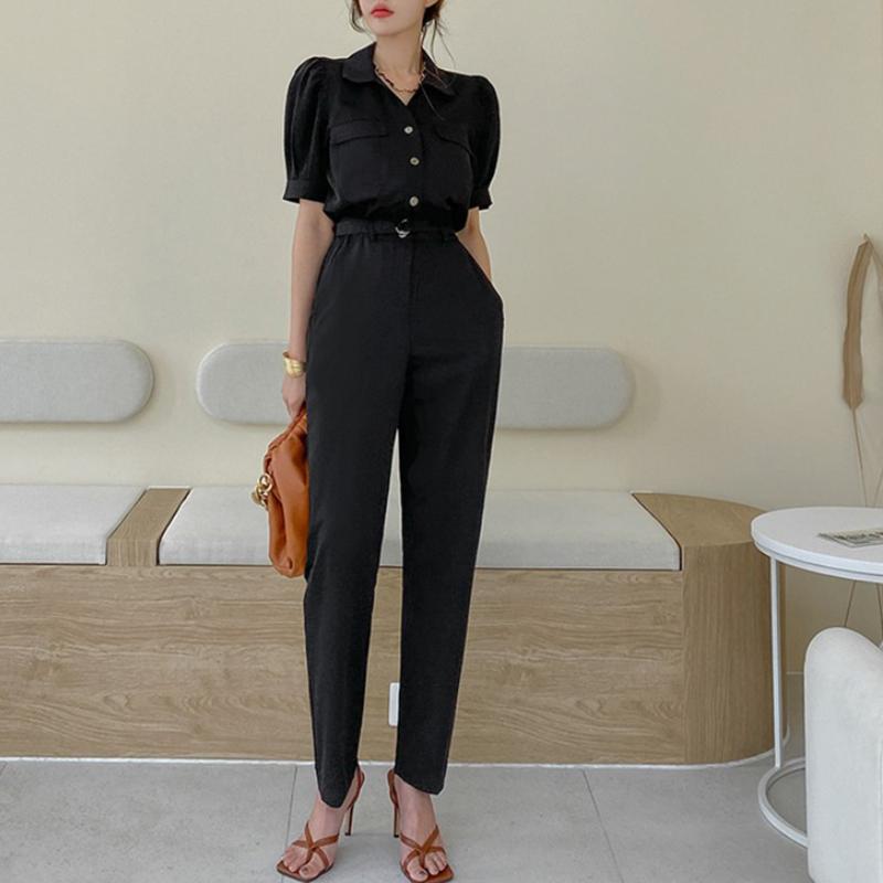 

Women's Jumpsuits & Rompers Arrival Fashion Summer Casual Jumpsuit Women Short Sleeve Elegant Temperament Office Lady Simple Black Slim Long, Black;white