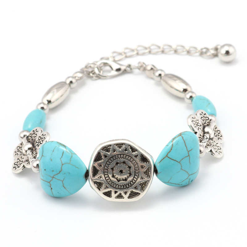 

Peach heart beaded Tibetan silver turquoise Charm Bracelets DYMTQB023 fashion gift national style women men's DIY bracelet