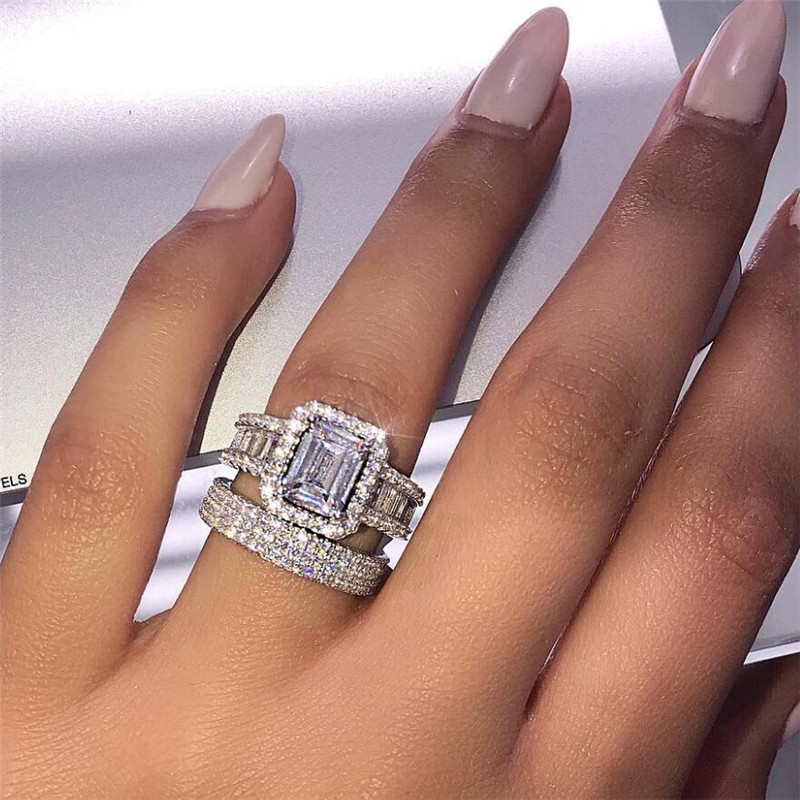 

Choucong Brand Unique Stunning Wedding Rings Luxury Jewelry 925 Sterling Silver Princess Cut White Topaz CZ Diamond Eternity Women Engagement Bridal Ring Set Gift