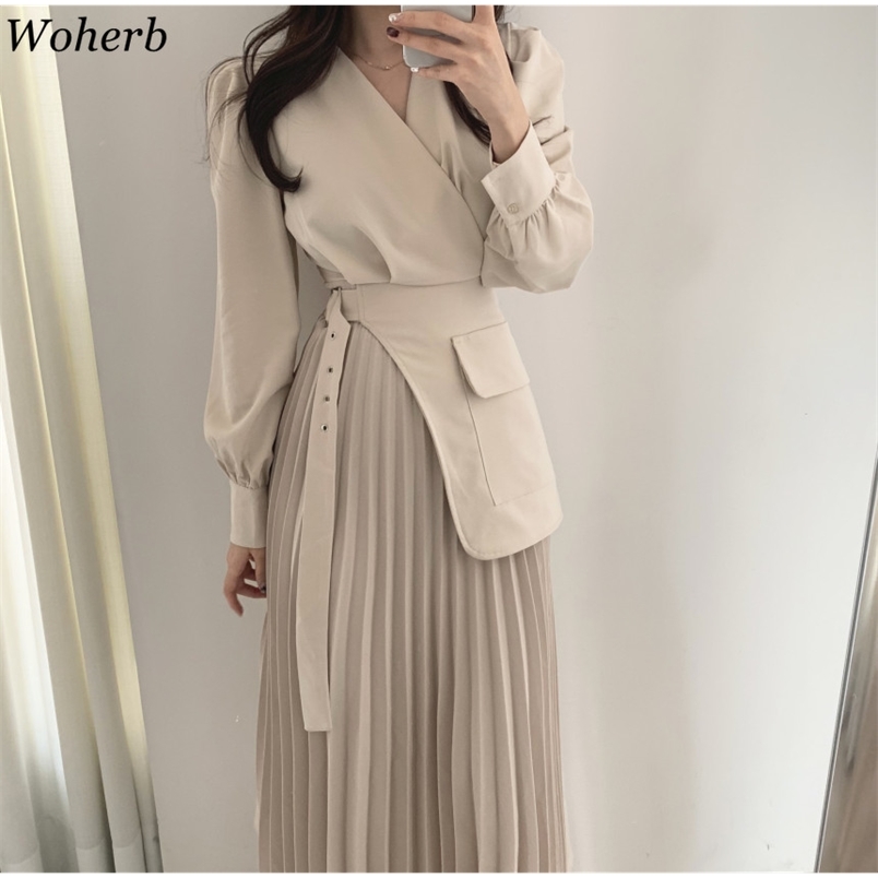 

Office Ladies V-neck Patchwork Pleated Dress Spring Summer Solid Vestidos Full Sleeve Belted Korean Female Dresses 210519, Apricot