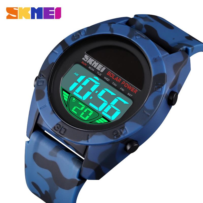 

Wristwatches SKMEI Creative Solar Power LED Display Chrono Calendar 2 Time Alarm Men Sport Watches 50m Waterproof Male Electronic Clock 1592, Slivery;brown