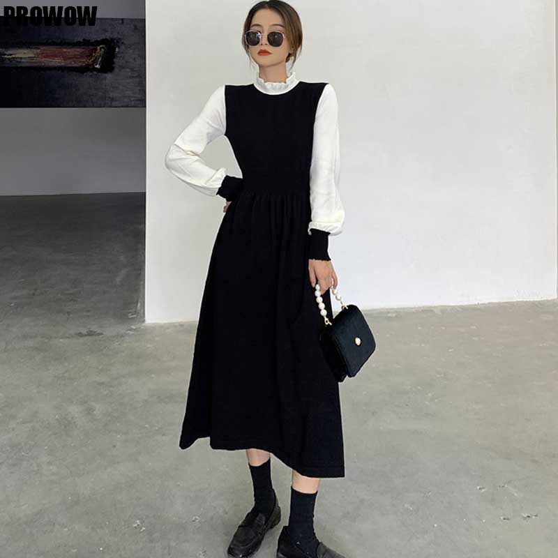 

one-piece ladies dress korean long sleeve knitted sweater dresses 2021 spring autumn womens slim sweater knit dress midi dress, Black;gray