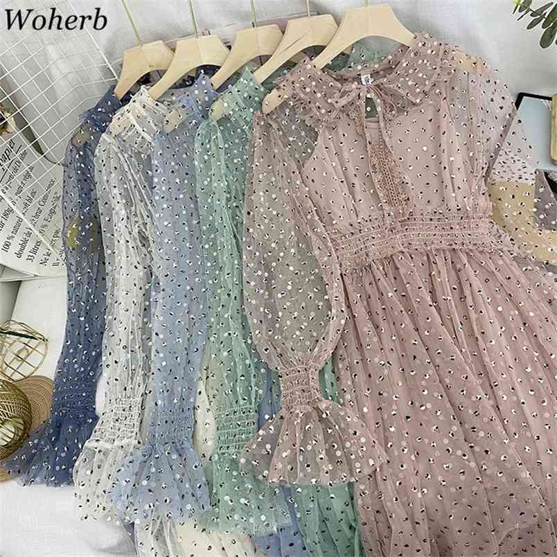 

Women Sweet Bling Sequined Patch Lace Mesh Dress Solid Color Ruffle Robe Cute Long Dresses Summer Vestidos 210519, Light green