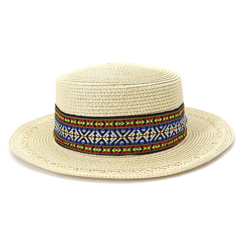 

Straw Hats Women Men Flat Top Khaki White Black Solid Summer Belt Band Casual Beach Outdoor Sun Protection Hat Wide Brim