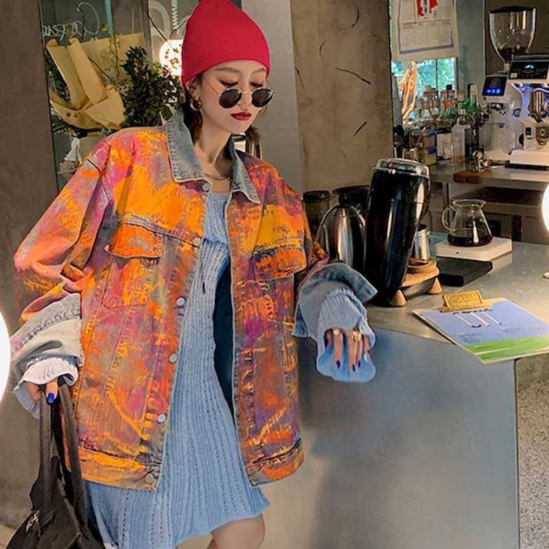 

fashion tie-dye denim jacket mid-length all-match Korean style loose temperament female autumn fashi 210526, Photo color