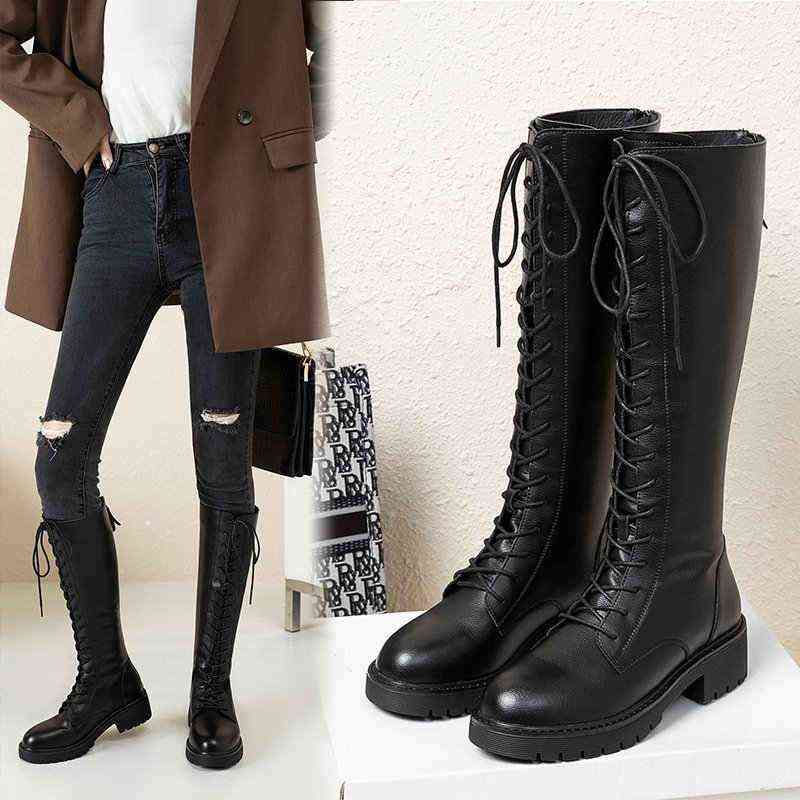 

2021 Winter Plush Knee High Boots Women Black Punk Leather Combat Gothic Shoes Women's Warm Fur Long Thick-soled