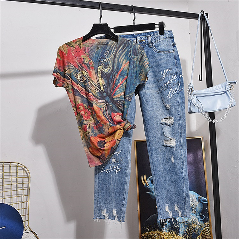 

New Autumn Winter tracksuits Summer Vintage Print T-shirt Holes Denim Pants Two Piece Set Women Loose Short sleeve T shirt Jeans 2pc Female Casual Streetwear