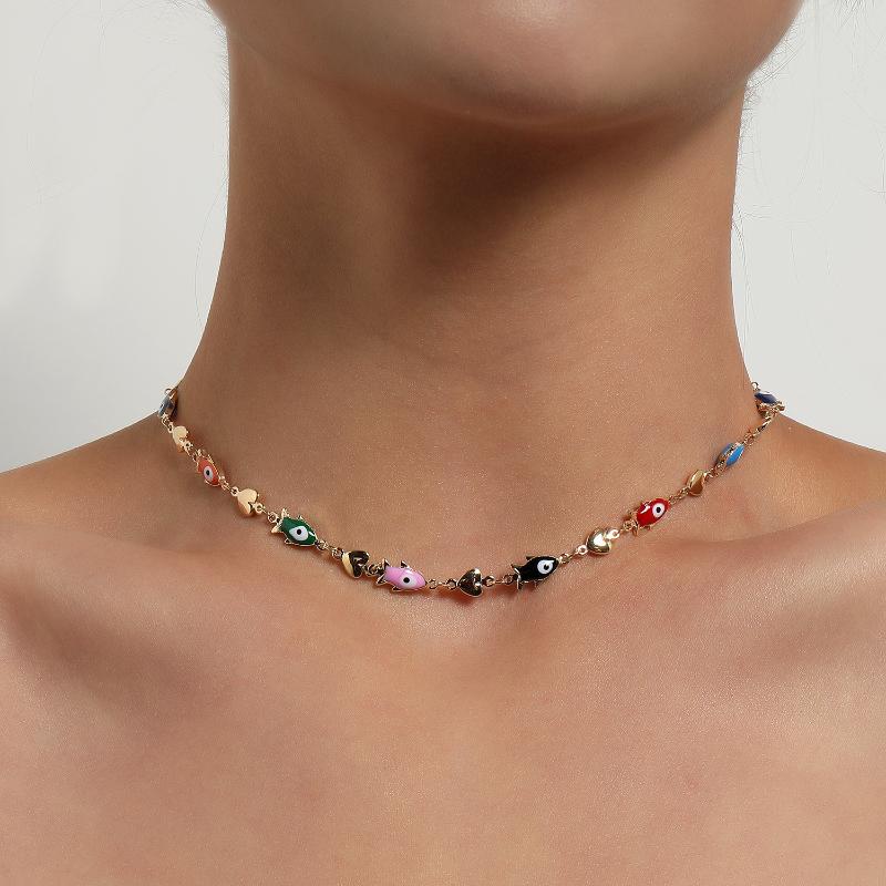 

Design Color Painting Fish Heart Short Choker Necklace Women Creative Gold Silver Fashion Jewelry Gift Chokers