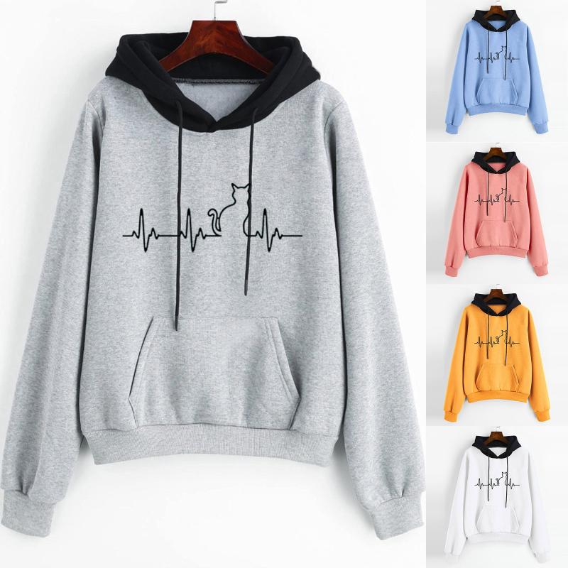 

Gym Clothing Women's Sweater Hoodie Casual Love Ecg Cat Printed Long Sleeve Hooded Top Cute, White;black