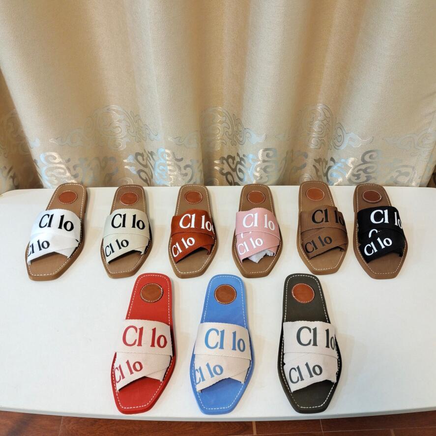 

Top Quality Original Style Woody Mules Fflat Slipper 2021 Women Fashion Deisgner Brand Letters Cross Weave Canvas Strap Net Yarn Flat Flip Flop, Black