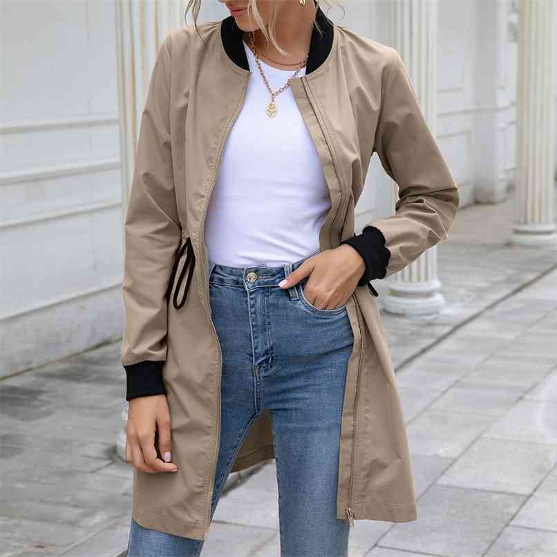 

Women Raincoat Outdoor Streetwear Slant Pocket Drawstring Waterproof Mid-length Trench Autumn Long Sleeve Stand Collar Cardigan 210826, Green